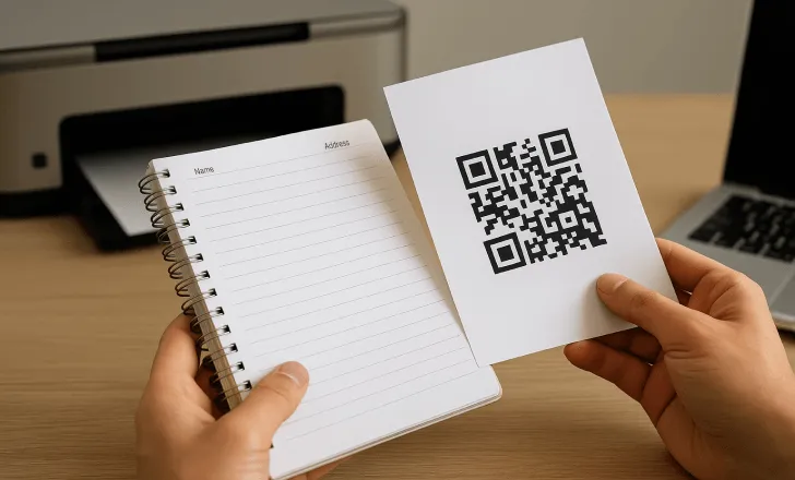 A person compares a handwritten contact book with a printed QR code sheet, symbolizing the transition from analog to digital data sharing