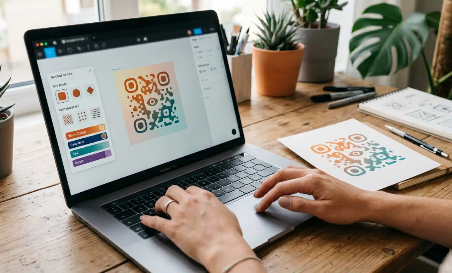 A person designing an artistic QR code at a laptop with on-screen style controls.