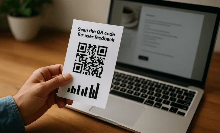 Una persona sosteniendo una tarjeta de comentarios de código QR sobre una computadora portátil que muestra un formulario, en un escritorio de madera con iluminación suave.