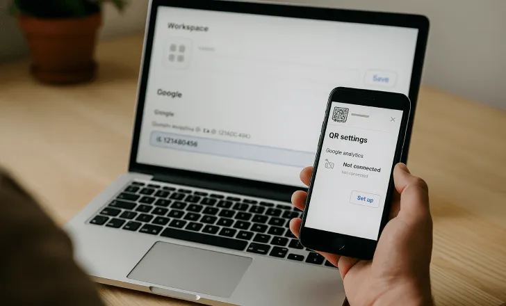 A person holding a smartphone showing QR settings not connected, while a laptop screen displays Google Analytics setup in QRCodeKIT.