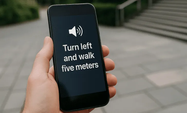 A person holds a smartphone displaying audio navigation instructions in front of an outdoor staircase and paved path.