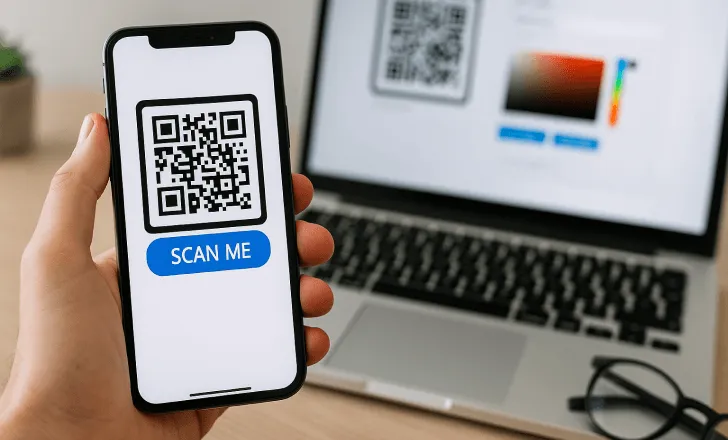 A person holds a smartphone showing a QR code in front of a laptop running a QR code generator, with eyeglasses and a plant on the desk in the softly blurred background.