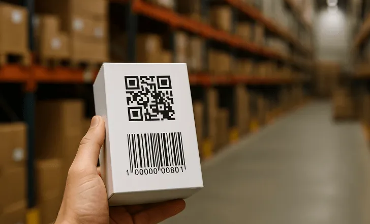 A person holds a white package with both a QR code and a traditional barcode, set against the blurred background of a large warehouse.