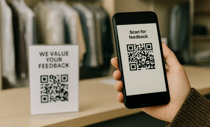 A person inside a dry cleaning shop holds a smartphone displaying a QR code that says “Scan for feedback,” with a printed sign nearby reading “We value your feedback” in front of hanging clothes.