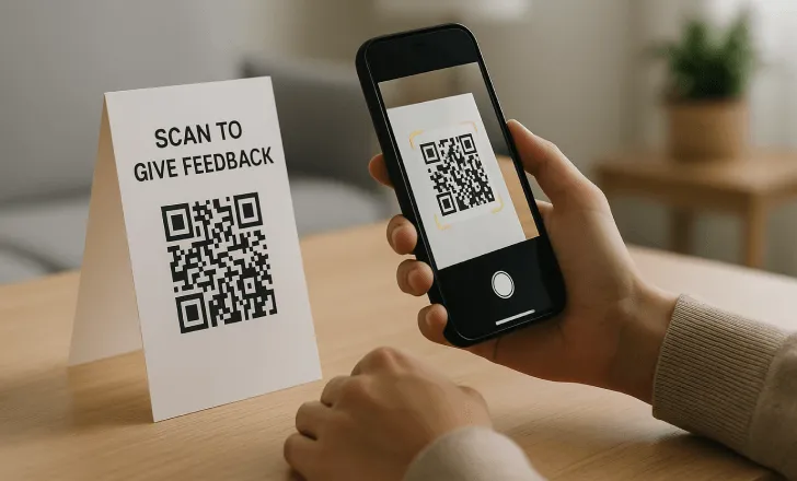A person scanning a QR code on a feedback card using a smartphone at a wooden table.