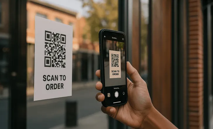 Una persona escaneando un código QR en el escaparate de cristal con un teléfono inteligente durante la hora dorada en un entorno urbano.