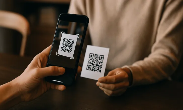 A person scanning a small QR code card with a smartphone in a warm indoor setting