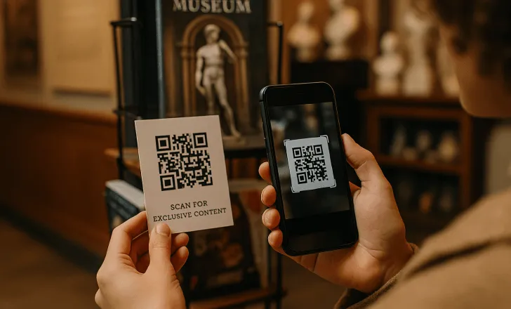 A person scans a QR code labeled “Scan for exclusive content” in a museum gift shop, with classical sculptures and a book titled “The Museum” visible in the softly lit background.