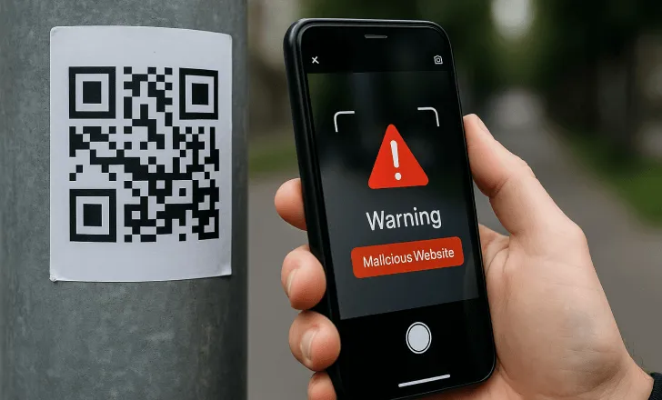 A person scans a QR code sticker on a streetlight pole, and their phone displays a warning about a malicious website