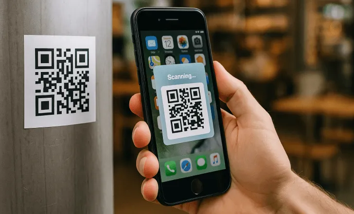 A person scans a QR code sticker placed on a metal surface in a café, with a smartphone showing the scanning process