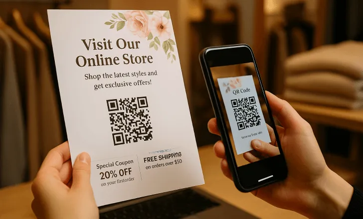 Una persona escanea un folleto de cupón floral con un código QR que ofrece descuentos exclusivos, dentro de una tienda de ropa acogedora.