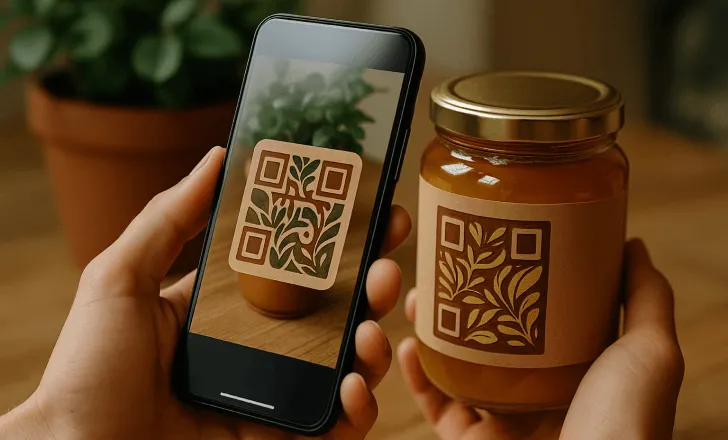Une personne scanne un QR code IA inspiré de la nature sur l'étiquette d'un pot de miel avec un smartphone