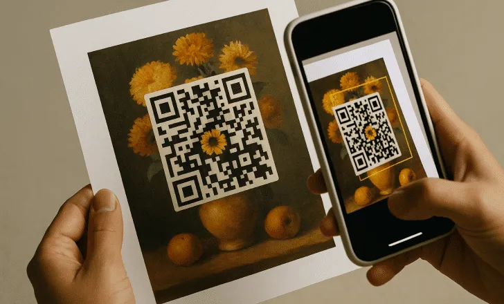 Une personne scanne un QR code imprimé intégré dans une nature morte avec un smartphone