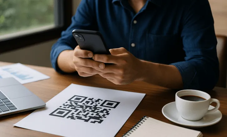 A person scans a printed QR code on a desk next to a laptop, coffee cup, and notebook.