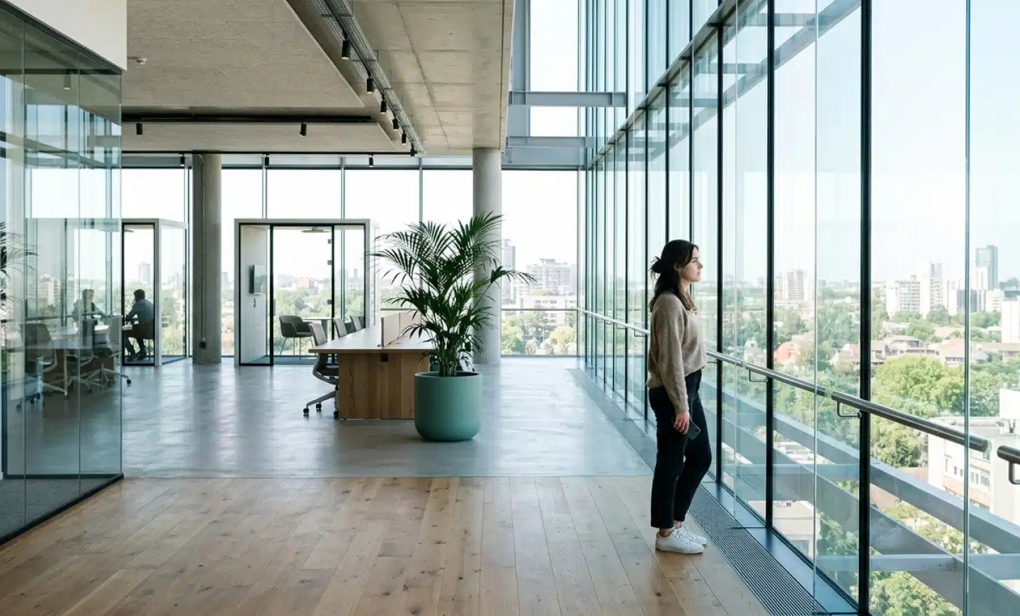 A person standing in a bright glass-walled office, symbolizing transparency and clear consent.