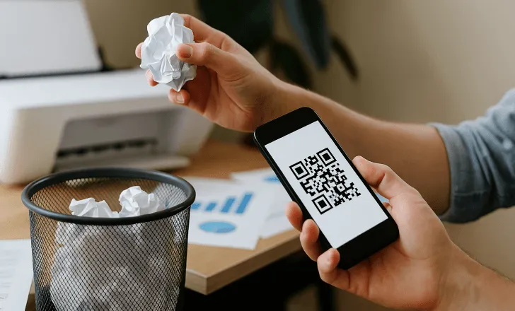 A person throws away crumpled paper into a bin while using a QR code on a smartphone, symbolizing reduced printing and digital transition