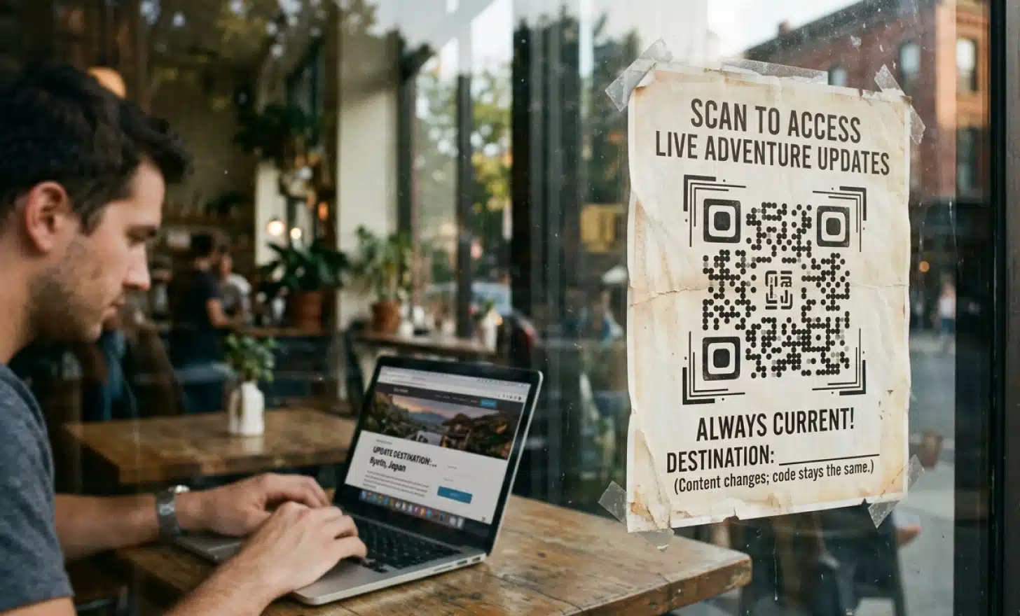 A person updating content on a laptop beside a wall poster with a printed QR code.