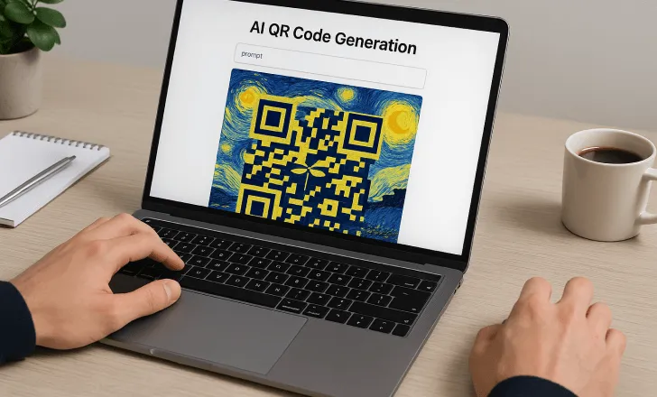 A person uses AI tools on a laptop to generate an artistic QR code with a painted design