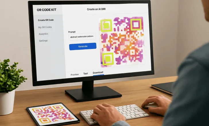 Une personne utilise un ordinateur pour créer un QR code IA artistique avec un motif aquarelle