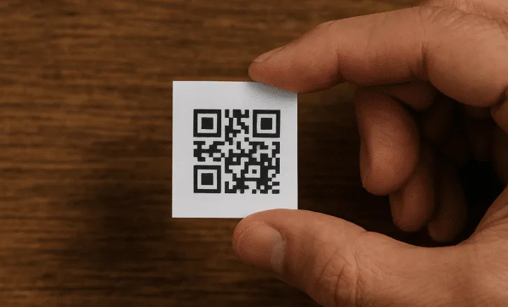 A person's right hand holding a small printed QR code card over a wooden surface.