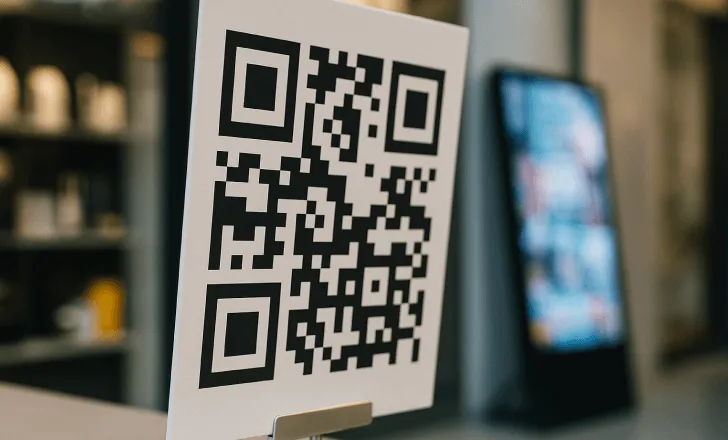 A printed QR code on a stand in a retail setting with shelves and a digital screen in the background.