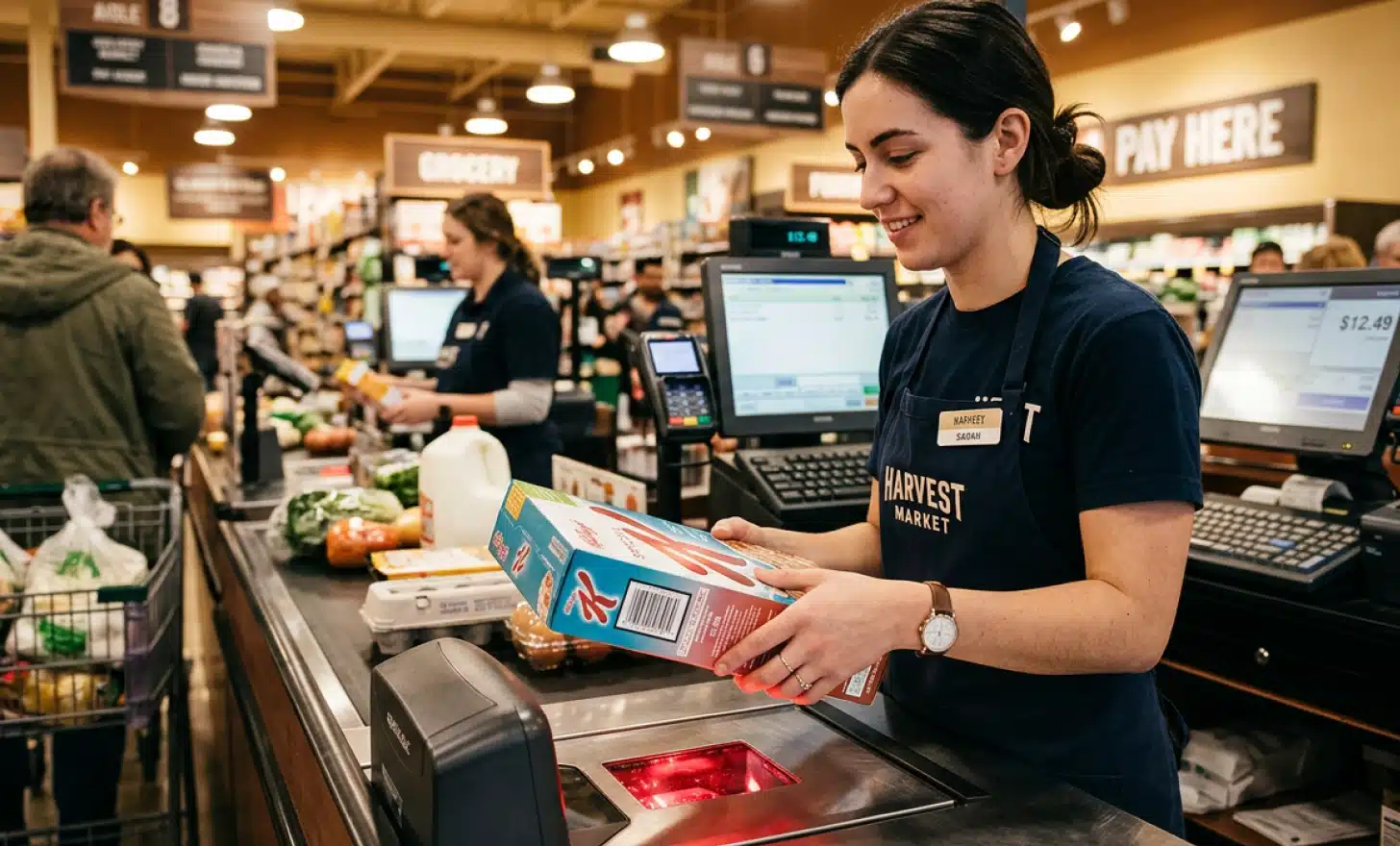 A product being scanned at a supermarket checkout point of sale terminal.
