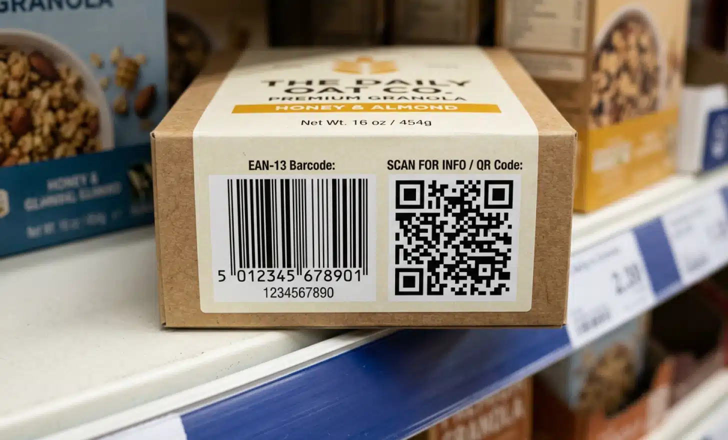 A product label showing a linear barcode and a QR code side by side.