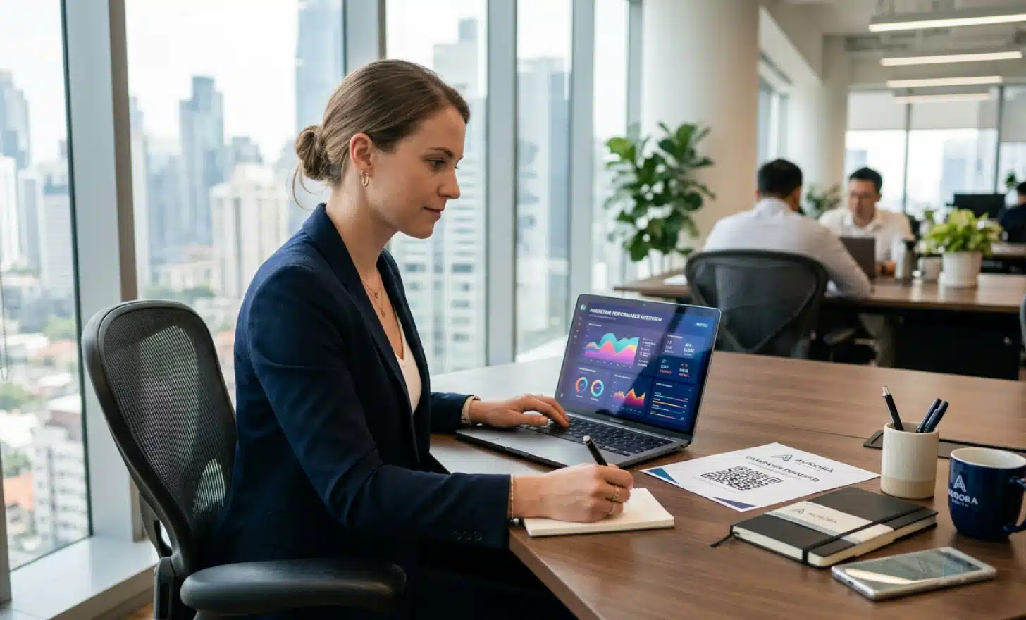 A professional reviewing a QR code analytics dashboard on a laptop, illustrating how businesses secure and manage dynamic codes.