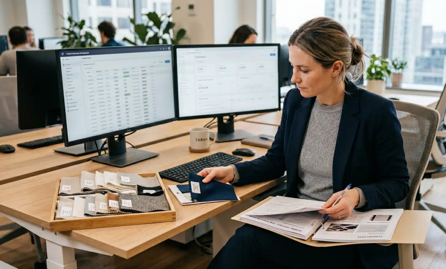 A professional reviewing fabric samples and supplier documents at a desk with product data on two monitors