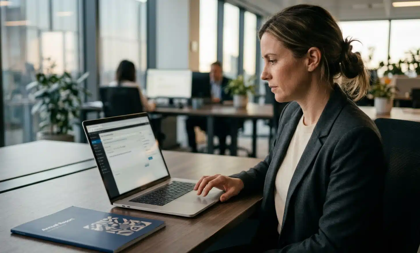 A professional updating web content on a laptop beside a printed annual report.