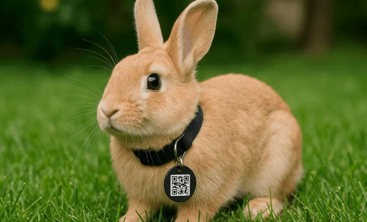 A rabbit in a backyard wearing a collar with a digital pet tag showing a QR code.