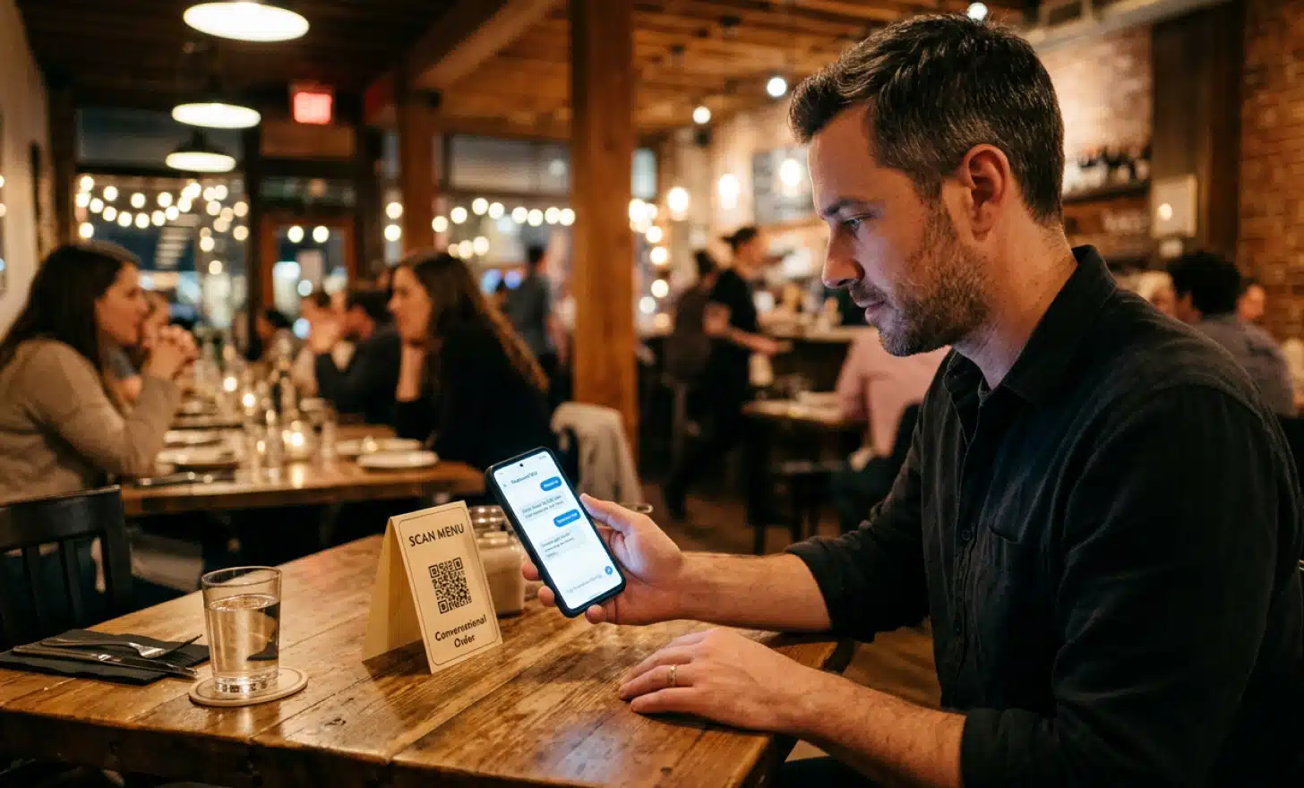 A restaurant diner scanning a QR code on a table card, with a chat interface visible on their phone screen