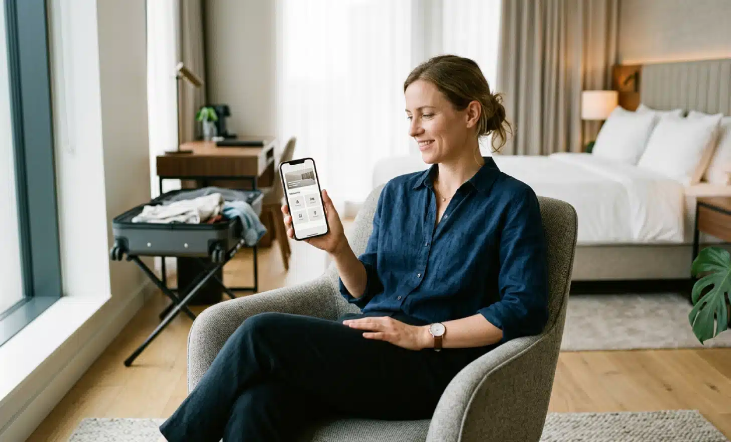 A seated hotel guest viewing a structured mobile welcome page divided into clear sections on a smartphone.