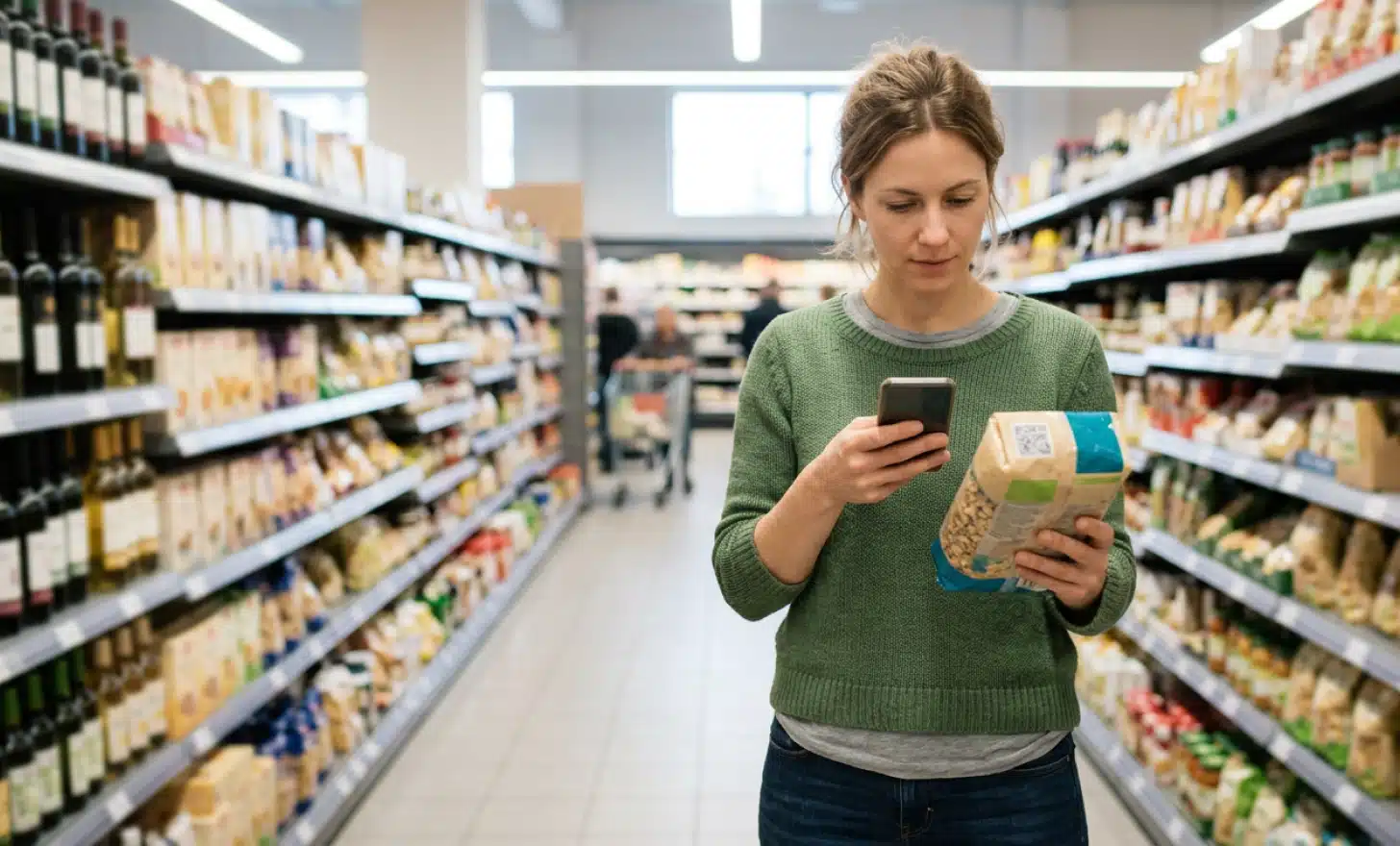 A shopper in a supermarket aisle scanning a code on grocery packaging with a phone.
