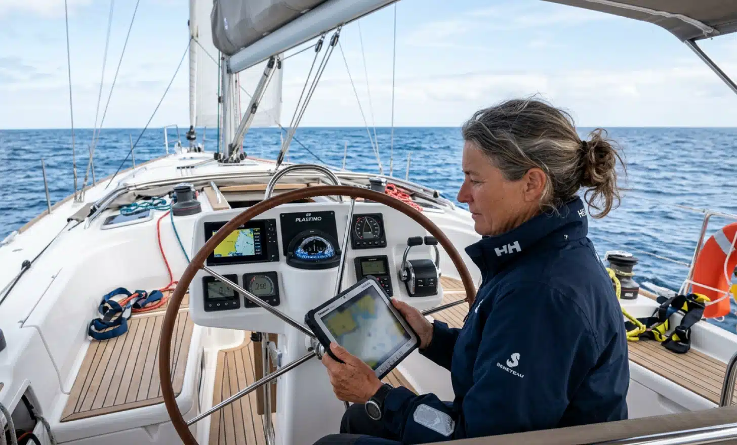 A skipper in a yacht cockpit reviewing a navigation briefing on a tablet at sea.
