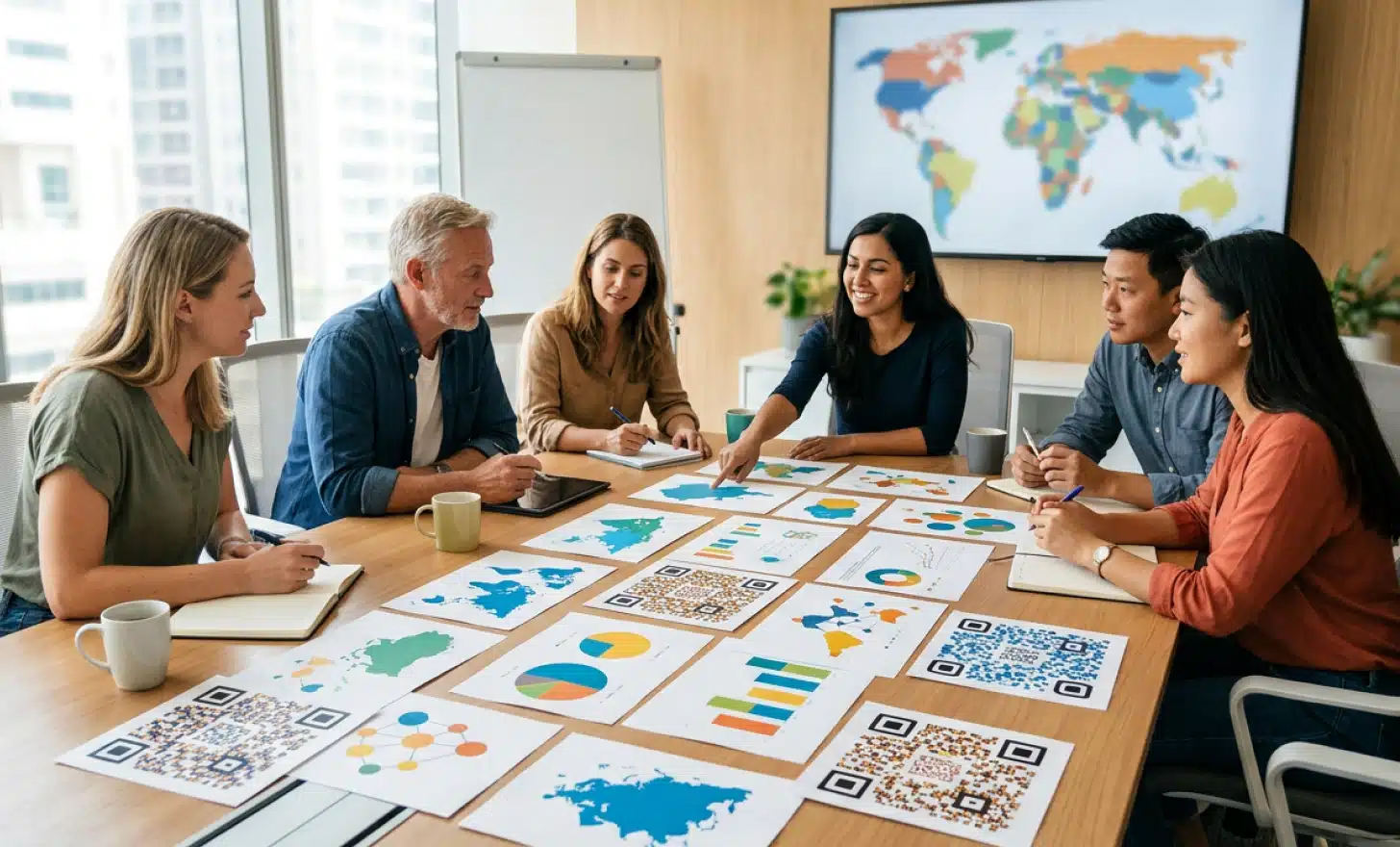 A small team collaborating around a table with regional charts, QR code cards, and a blurred world map screen.