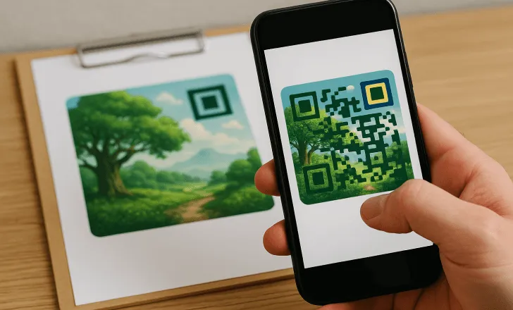 Un smartphone affiche un QR code IA sur le thème de la forêt comparé à une version imprimée sur un presse-papiers
