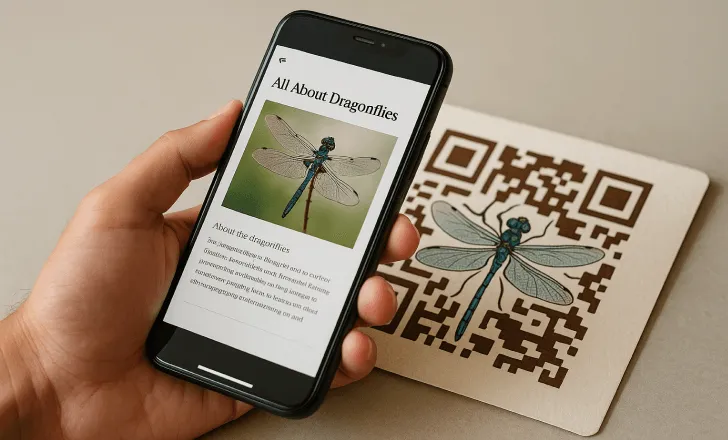 A smartphone displays a landing page about dragonflies after scanning an artistic QR code