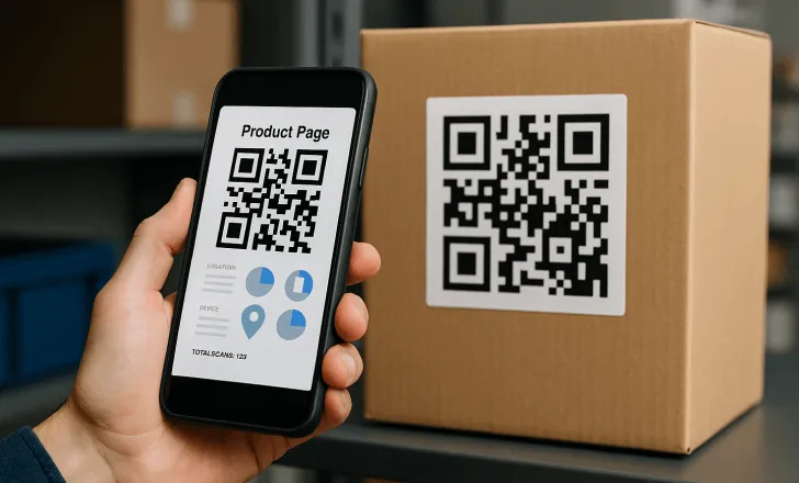 A smartphone scanning a QR code on a cardboard box in a warehouse, displaying a product landing page with scan metrics.