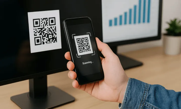 A smartphone scanning a QR code on a monitor with analytics graphs in the background