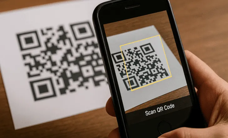A smartphone scanning a printed QR code on white paper placed on a wooden table.