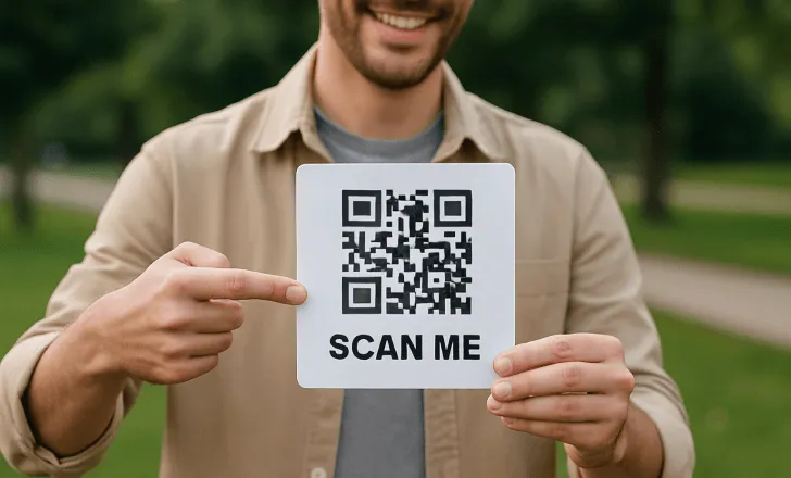 A smiling person points at a QR code sign outdoors, promoting eco-friendly digital access in public settings