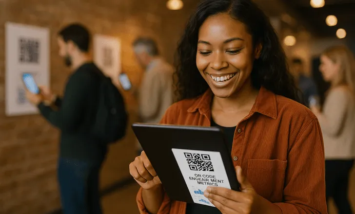 A smiling woman at an event checks QR code metrics on a tablet while people in the background scan posters with their phones.