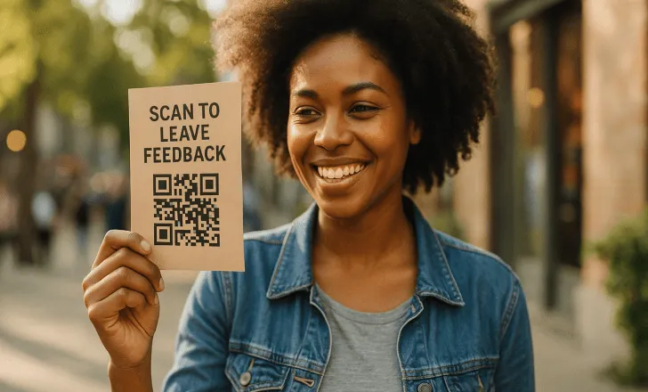 Una mujer sonriente sostiene un volante de comentarios con un código QR en una calle soleada de la ciudad, interactuando con la cámara.