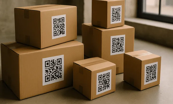 A stack of cardboard boxes with QR code labels in a warehouse setting, illustrating logistics efficiency and paperless inventory tracking