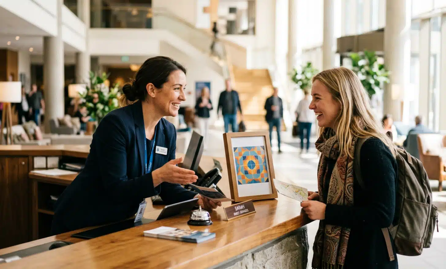 A staff member helping a visitor at an information desk, illustrating common questions about AI QR codes.