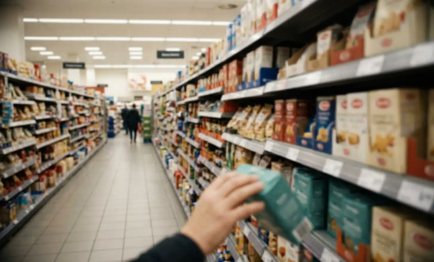 A supermarket aisle viewed with a soft blur, suggesting how hard product information is to read for shoppers with low vision.