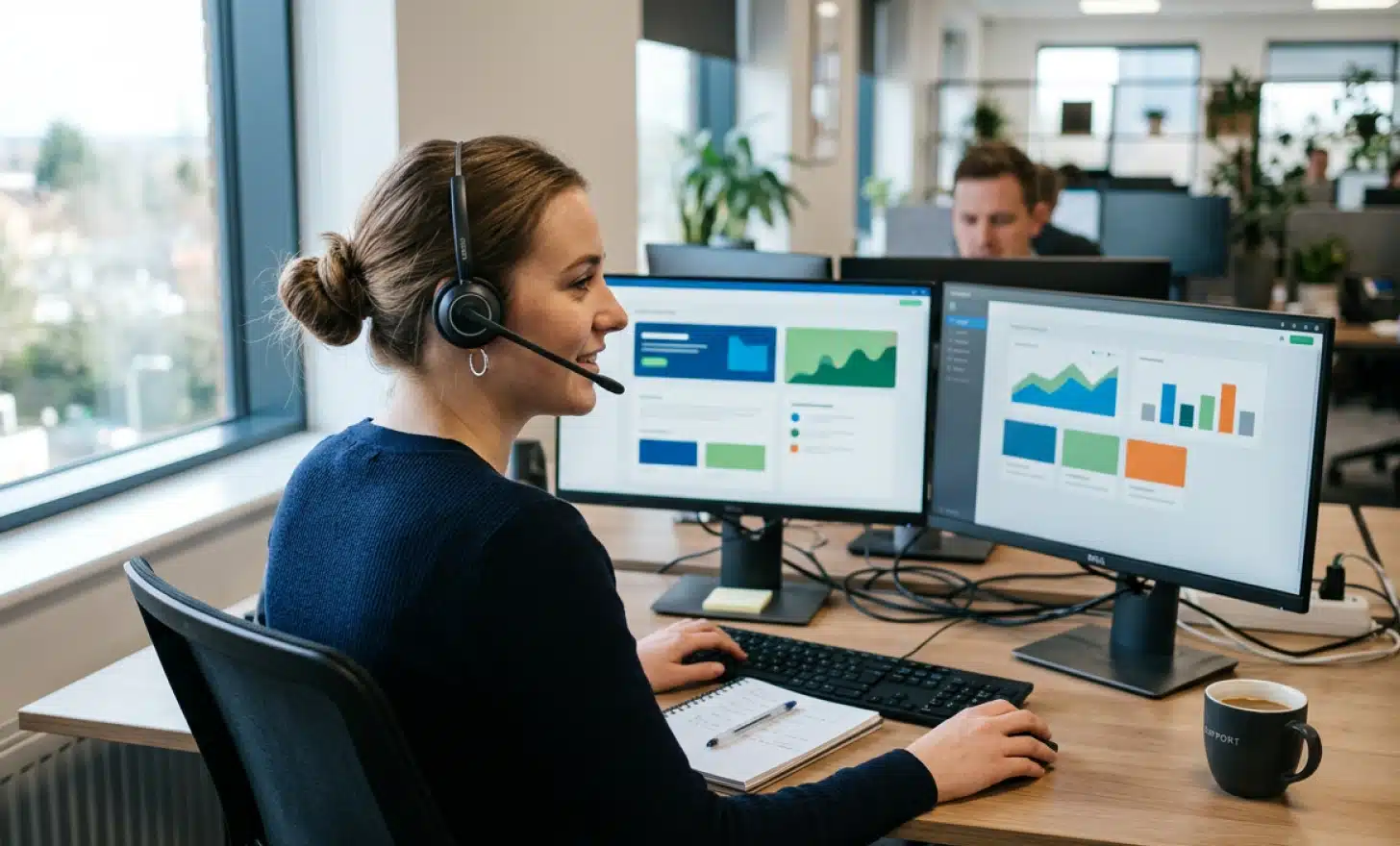A support agent with a headset working at a desk with abstract screens, representing the cost of human support.