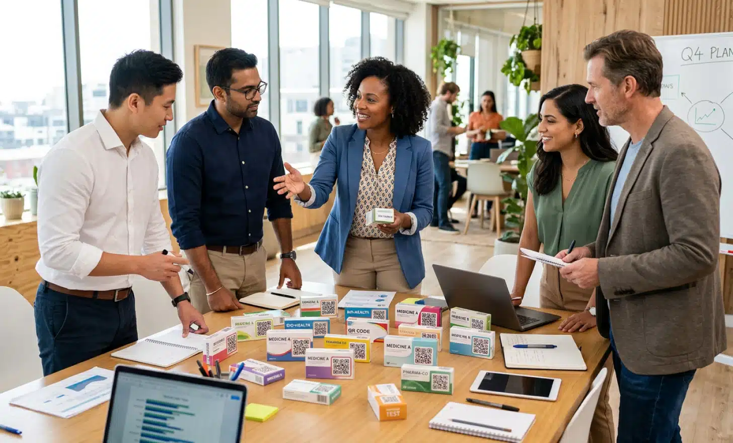 A team standing around a table of medicine box mockups during a planning session