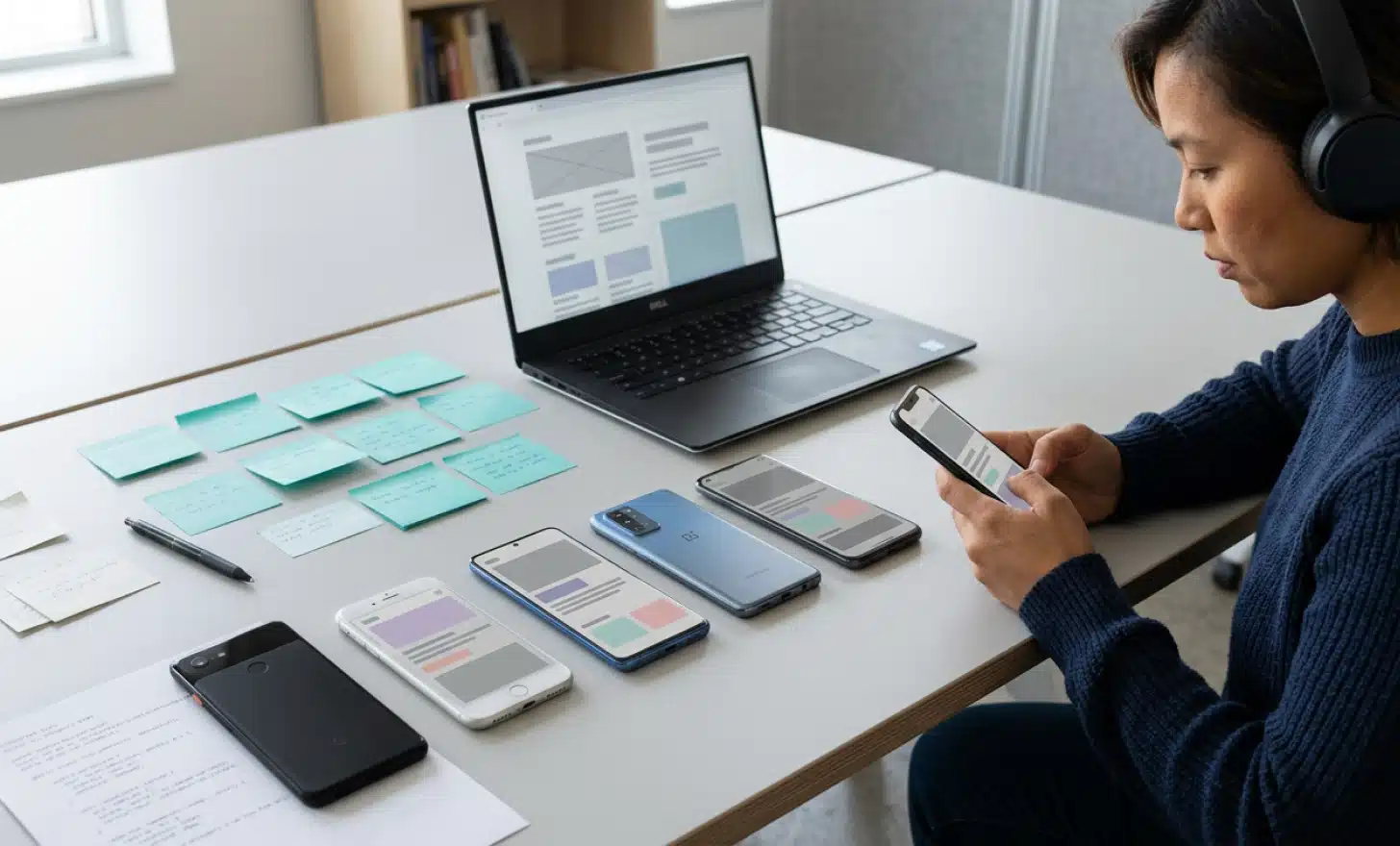 A tester checking a QR code experience across several phones and a laptop with headphones on a testing table.